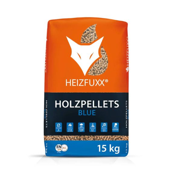 Heizfuxx Holzpellets Blau – 975 kg Palette (65 x 15 kg), Buche &amp; Eiche, DIN A1 zertifiziert